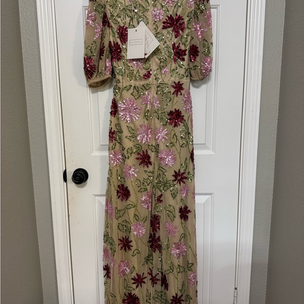 Mac Duggal Tan and Red Puff Sleeve Maxi Dress - Picture 8 of 8